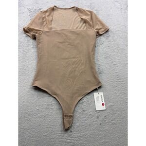 REORIA Women's Square Neck Short Sleeve Mesh Bodysuit Beige Size M
